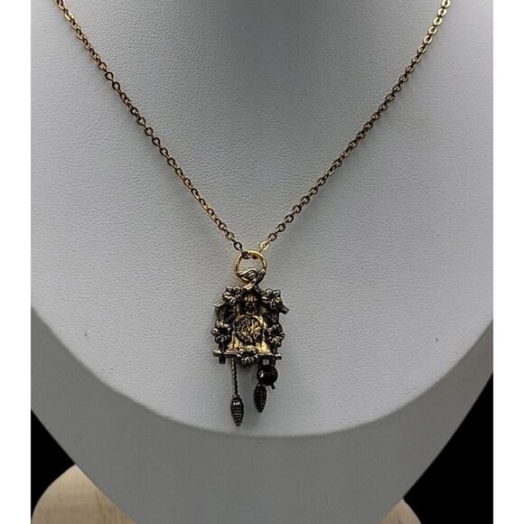 Vermeil Cuckoo Coo Clock Pendant Necklace 16" Chain Gold Plating on Sterling 925 - Picture 7 of 16